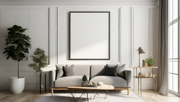 Blank picture frame mock up above wooden cupboard with decor on white wall with sunlight, gray sofa, modern living room interior, 3d