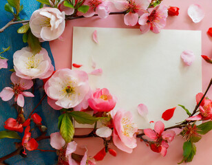 copy space on a Beautiful valentine composition spring flowers, petals and branches; pink background