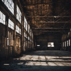 Inside old, empty, abandoned factory or warehouse with large windows and deteriorating interior. Background with copy space