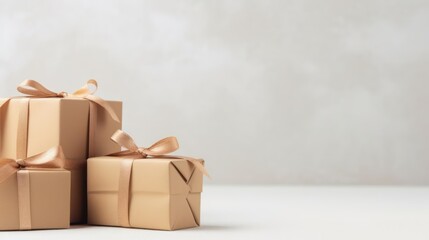 Beautiful gift boxes on a light background with space for text