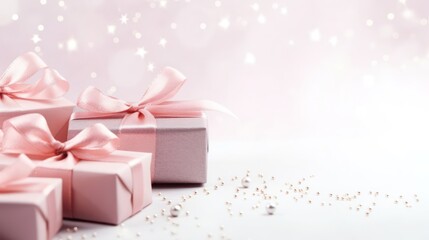 Beautiful gift boxes on a light background with space for text