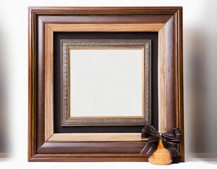 Empty wooden picture frame with modern decoration; isolated over w