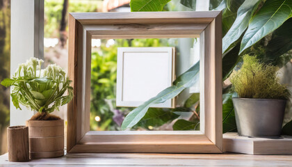 Empty wooden picture frame; blank space to put additional pics