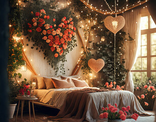 Enchanting Valentine's garden room. Floral motifs, earthy tones. Canopy bed, twinkle lights. A whimsical and romantic escape for a nature-inspired celebration.