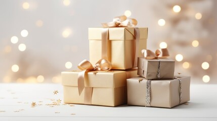 Beautiful gift boxes on a light background with space for text