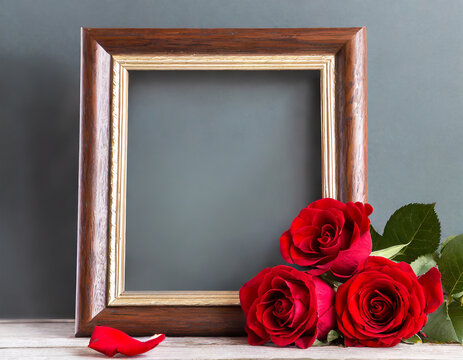 Empty wooden picture frame and red roses, studio portrait, isolate
