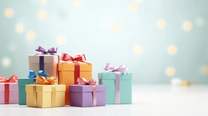 Beautiful gift boxes on a light background with space for text