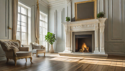 fireplace in a cozy posh luxurious interior design of room without furniture with wooden classic parquet floor, tall ceiling, white panel walls, parisian look. Background - obrazy, fototapety, plakaty
