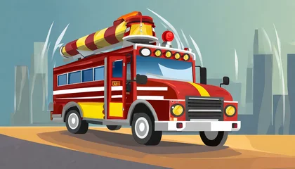 Foto op Canvas Fire truck. Cartoon illustration. A car with firefighters. © Merlin