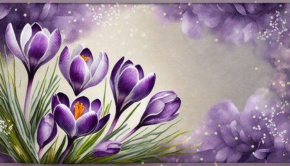 floral romantic card with purple crocus flowers and copy space