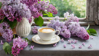 floral romantic card with a cup of coffee and lilac - Powered by Adobe