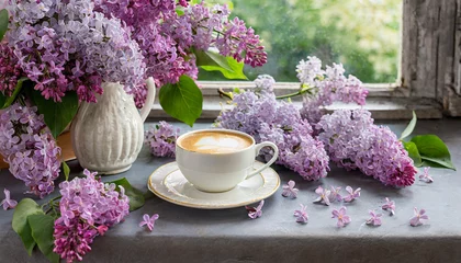 Poster floral romantic card with a cup of coffee and lilac © Merlin