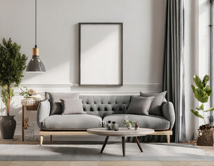 frame mock up on white wall with sunlight in living room interior with gray sofa and coffee table with decor, 3d rendering