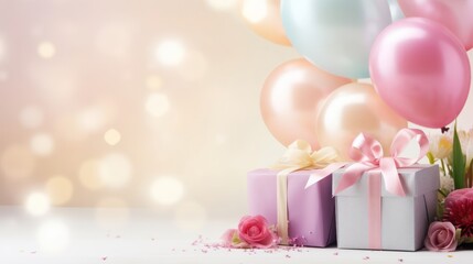 Beautiful gift boxes with balloons and flowers on a light background with space for text