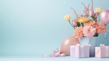 Beautiful gift boxes with balloons and flowers on a light background with space for text