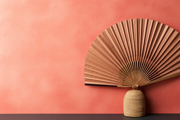“Elegant fan and blossom branch on pink backdrop
