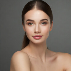 Healthy Woman Spa Model With Clear Skin On Gray Background