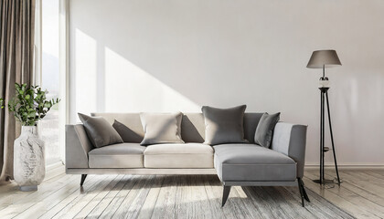 living room interior mock up, gray sofa near white wall with sunlight, 3d rendering