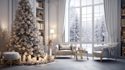 New Year's, Christmas room interior with large windows, Christmas tree, candles and fireplace