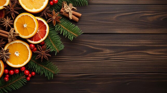 ripe berries with orange slices, spices and cinnamon, christmas themed, top view, flat space, copy space