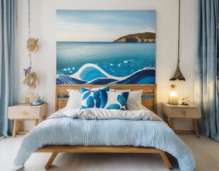 Modern nautical bedroom interior. Wooden double bed with pillows. Abstract light blue sea landscape wall art on a white wall.