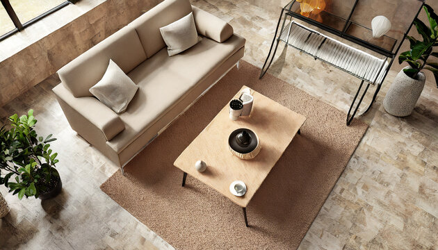 Modern living room interior in beige tones with sofa, armchair, and coffee table, 3d render