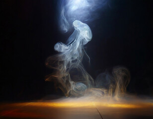 Mystical mist. Swirling smoke in dark and light symphony. Fluid fantasia. Abstract dance of fog and light on floor with black background