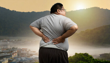 Obese Asian men with back and lumbar pain are at risk for intervertebral disc disease. Because the body has a lot of weight. concept of obesity and spinal disease. Clipping Path