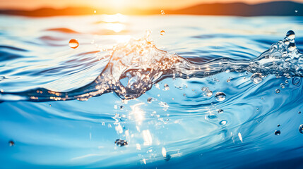 Water splash with ripples and waves on blue background. Close-up of water surface.
