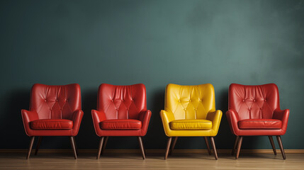 Row of four armchairs. Three red and one yellow retro-style armchairs on green wall background