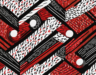 Seamless background with abstract shapes in black, red and white