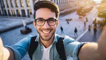 Foto op Canvas Smiling cheerful travel vlogger influencer streaming online lives to his followers during his journey travel in beautiful urban downtown travel destination travel ideas concept © Merlin