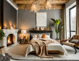 Stylish Home. Modern Interior Design Background; bedroom with furniture and fireplace