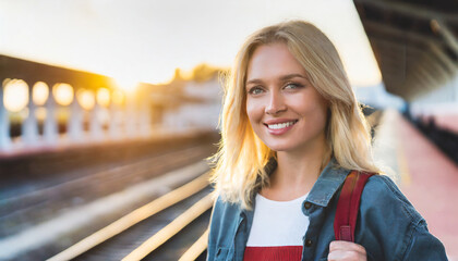 stylish hipster solo traveller female adult woman happiness cheerful stading in railway train platform station terminal waiting for arrival train sunset - obrazy, fototapety, plakaty