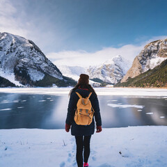 Fototapeta na wymiar solo traveler walking over frozen lake discovering the winter landscape rear view of man standing looking at snow covered frozen mountain wilderness
