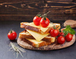 Fototapeta na wymiar Toast sandwich with cheese slices and cherry tomato