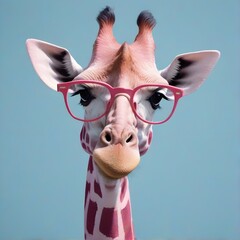 Pink giraffe wearing glasses. Blue background. Generative AI