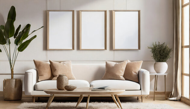 Three empty vertical picture frames in a modern living room with white sofa and beige pillows. Japandi interior. Wall art mockup.