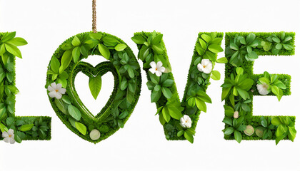 valentine decoration, love symbol, creative text with natural green leaves