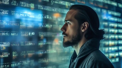digital entrepreneur businessman working on a computer, line of code projected on his face and reflecting.Generative AI