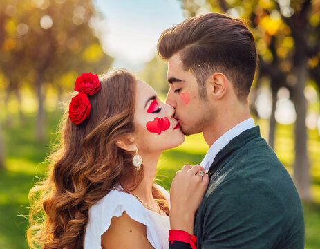 valentine decoration, romantic couple in the park, kissing, face painting