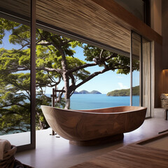 Bathroom bathtub with natural materials with a view of the island bay
