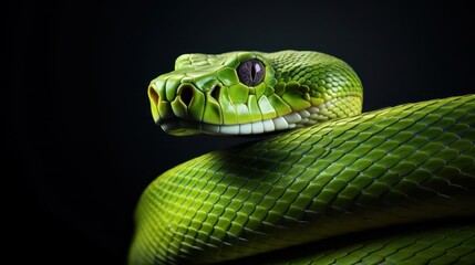 Obraz premium Green snake on a black background.