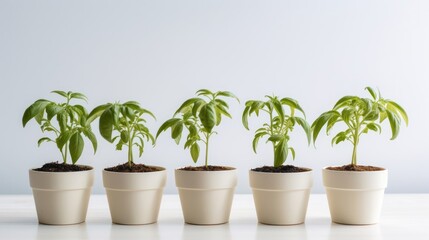 Obraz premium Pots with green seedlings on a light background