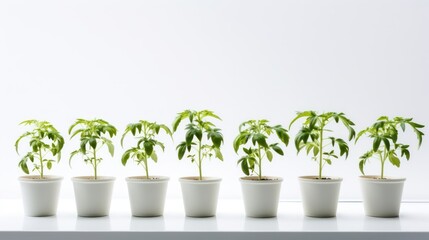 Pots with green seedlings on a light background