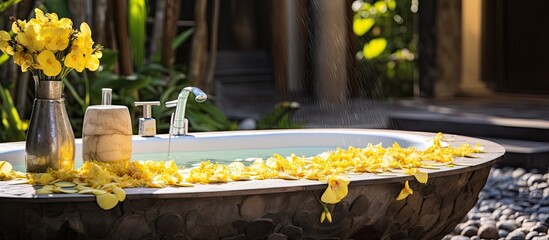Luxurious outdoor bathroom in Bali with flower petals, lemon slices, tray of items. - Powered by Adobe