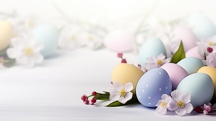 Colored eggs on a light background with space for text. Easter holiday.