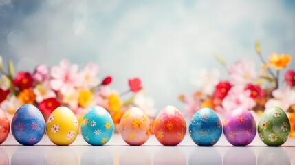 Fototapeta na wymiar Colored eggs on a light background with space for text. Easter holiday.