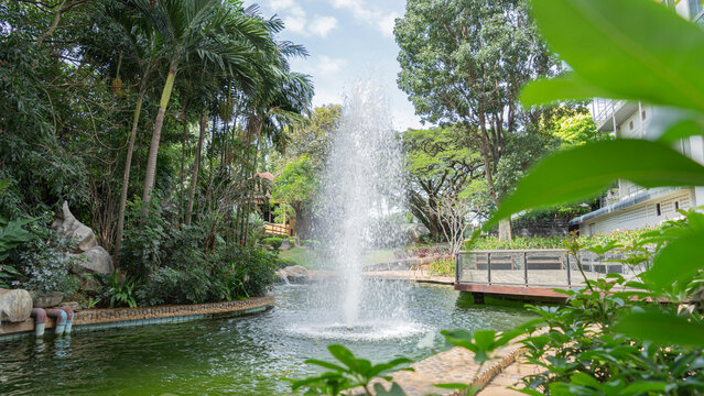 Location photos A fountain in a rock-rimmed pond in the middle of a beautiful garden during the day amidst a natural atmosphere. The trees and grass are lush and green. On the side is a large building
