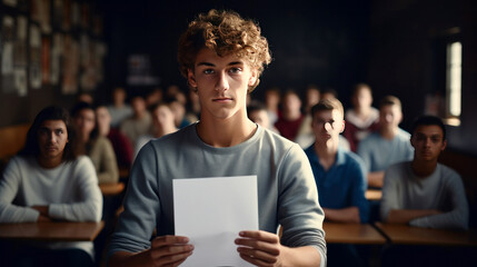 High school students preparing for the exam in class, sitting in their desks and writing notes - obrazy, fototapety, plakaty